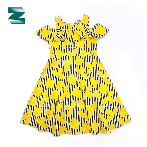 Đầm cotton dệt lệch vai tay áo xếp nếp